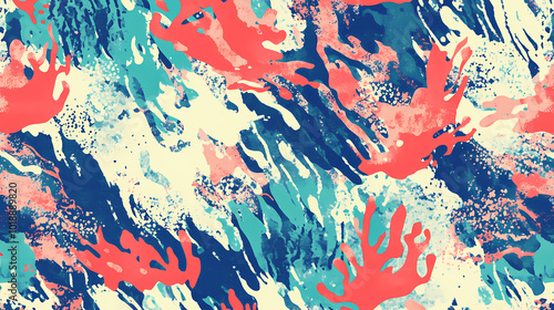 Fototapeta Naklejka Na Ścianę i Meble -  Seamless pattern with coral reef lagoon burst ikat. Coral Reef Lagoon. Illustration