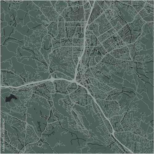 Map of Walnut Creek in California in a smooth dark style. Contains layered vector with roads water, parks, etc.