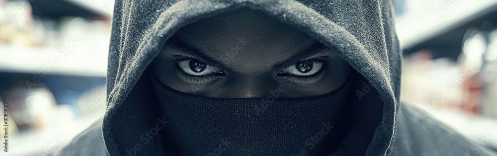 Thief in a hood and mask steals groceries from supermarket during late night hours Thief in a hood and mask steals groceries from supermarket during late night hours
