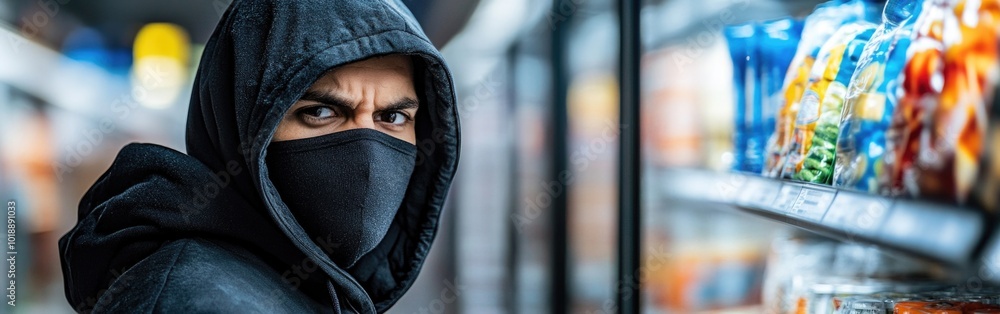 Masked individual in hooded attire steals food from supermarket at night Masked individual in hooded attire steals food from supermarket at night