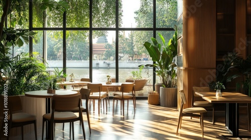 Modern cafe interior with large windows overlooking a river and cityscape.