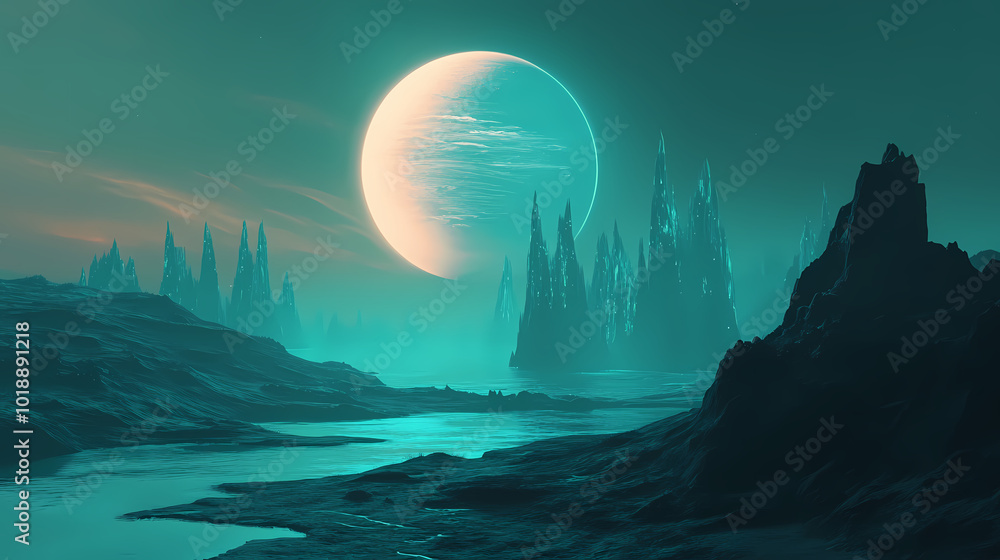 Landscape exoplanet with bioluminescent forests glowing. Glowing Bioluminescence. Illustration Landscape exoplanet with bioluminescent forests glowing. Glowing Bioluminescence. Illustration