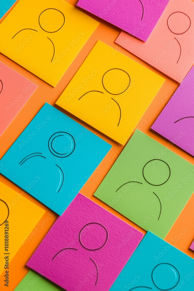 Various colorful square cards feature embossed icons of human figures on a textured background surface. Various colorful square cards feature embossed icons of human figures on a textured background surface.