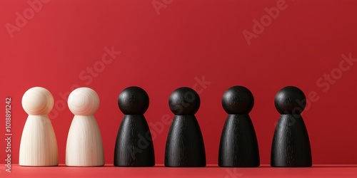 Six wooden figurines in different colors are displayed on a solid red background, representing diversity. photo