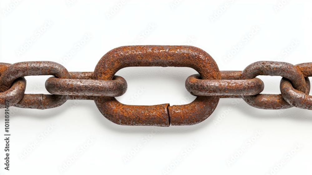 A close-up view of a rusty metal chain link with a noticeable break, emphasizing wear and deterioration with detailed texture and color variations A close-up view of a rusty metal chain link with a noticeable break, emphasizing wear and deterioration with detailed texture and color variations
