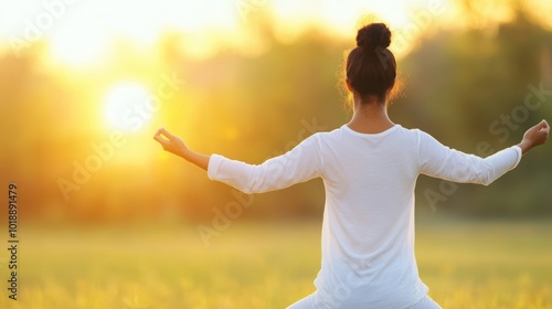 A serene figure meditating in a field at sunset, embodying tranquility and mindfulness amidst nature’s beauty.