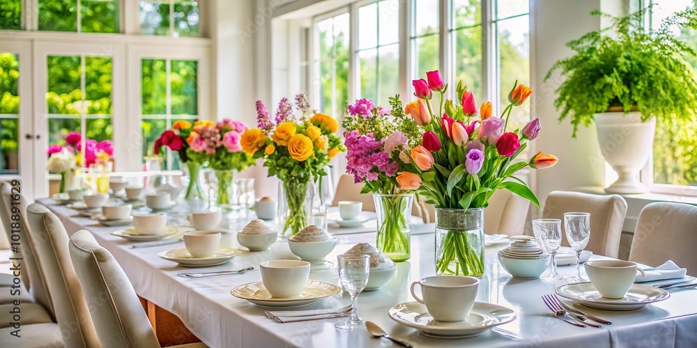 Long White Table Set for Dining with Elegant Tableware and Fresh Flowers in Bright Room Decor Long White Table Set for Dining with Elegant Tableware and Fresh Flowers in Bright Room Decor