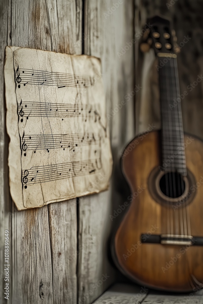 Fototapeta premium Vintage acoustic guitar leans on a wooden wall beside old music sheet, creating a rustic and nostalgic atmosphere.