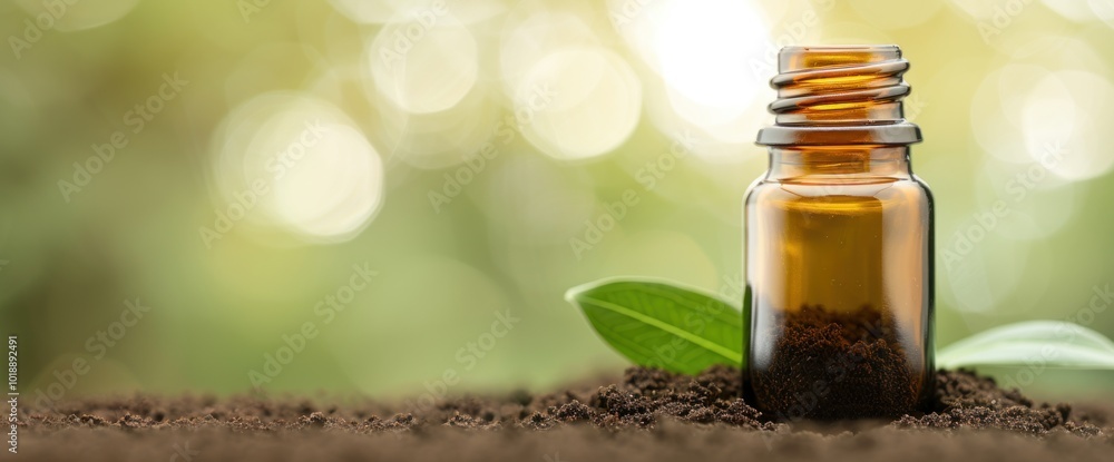 Natural Herbal Essence in a Glass Bottle Surrounded by Soil and Greenery Natural Herbal Essence in a Glass Bottle Surrounded by Soil and Greenery