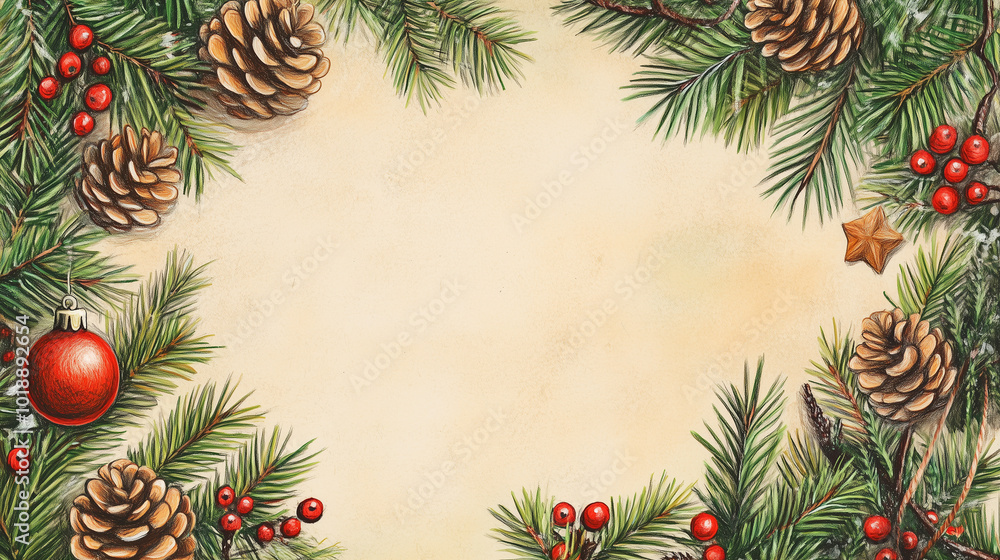 モミの枝と松ぼっくりと赤い実のクリスマスフレーム背景素材 色鉛筆イラスト モミの枝と松ぼっくりと赤い実のクリスマスフレーム背景素材 色鉛筆イラスト
