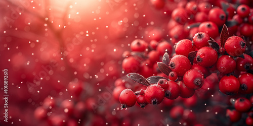 Red Christmas berries with pinecones covered in snow. holiday elements, berries and pinecones. Christmas decorations. Copy space