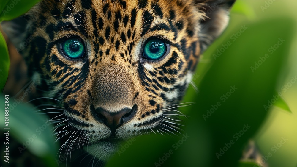 A close-up view of a jaguar cub with striking blue eyes hidden among lush green leaves, showcasing its natural beauty and curiosity in the wild, captured during the early morning hours A close-up view of a jaguar cub with striking blue eyes hidden among lush green leaves, showcasing its natural beauty and curiosity in the wild, captured during the early morning hours