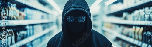 Masked thief in hooded attire steals food from supermarket aisle during nighttime hours