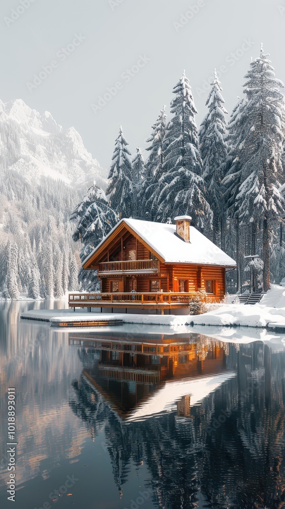 Fototapeta premium A cozy wooden cabin by a tranquil lake surrounded by snow-covered trees in winter