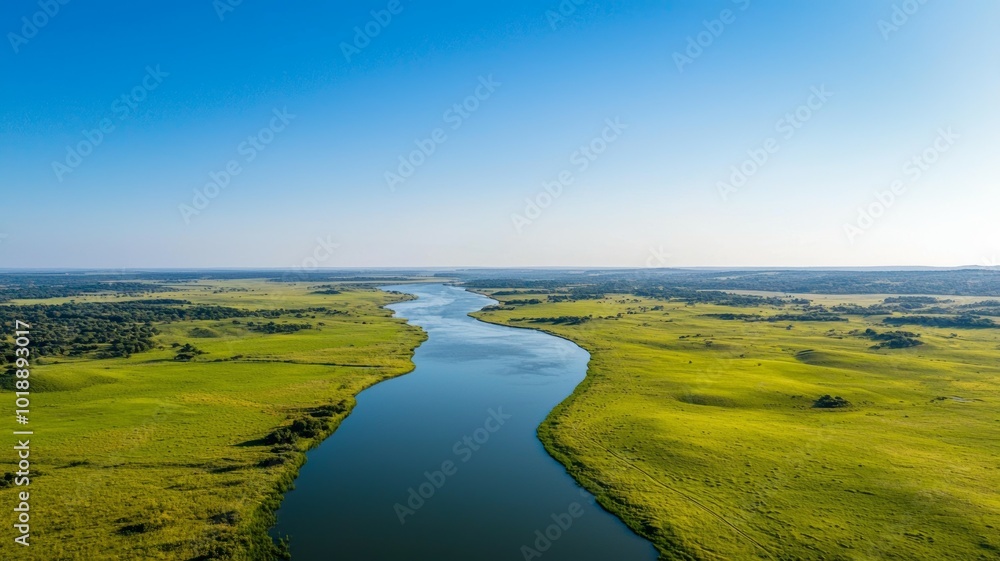 Aerial view of a winding river flowing through vast green fields under a clear blue sky Aerial view of a winding river flowing through vast green fields under a clear blue sky