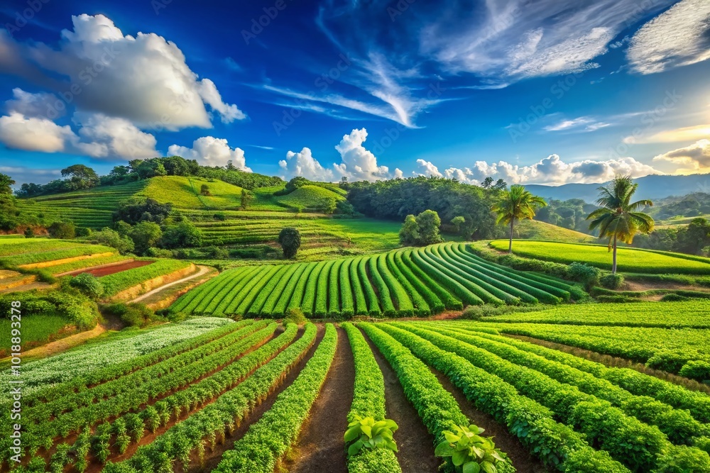 Lush Green Fields of Agriculture and Plantation under Bright Blue Sky with Vibrant Crop Rows and Plants Lush Green Fields of Agriculture and Plantation under Bright Blue Sky with Vibrant Crop Rows and Plants