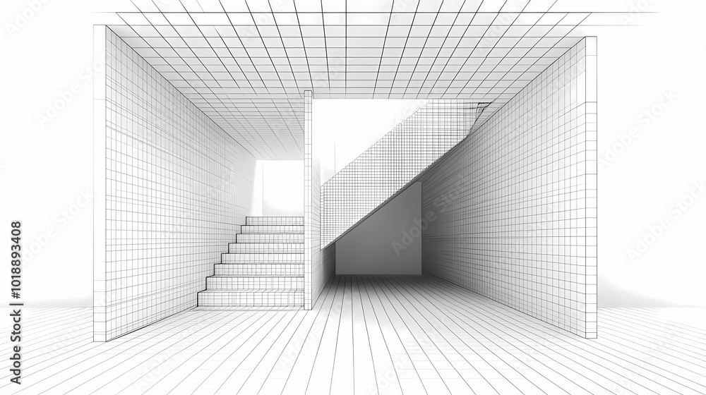 Perspective grid worksheet with wall and floor wireframe for interior design. 3d view of an open concept room with staircase. black mesh on white background. 3D Wireframe. Illustration Perspective grid worksheet with wall and floor wireframe for interior design. 3d view of an open concept room with staircase. black mesh on white background. 3D Wireframe. Illustration