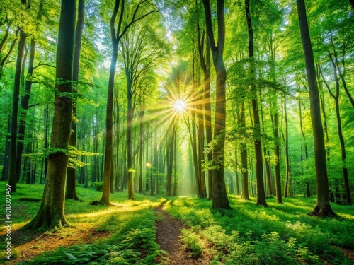 Lush Green Forest with Tall Trees and Sunlight Filtering Through Leaves in a Serene Natural Setting