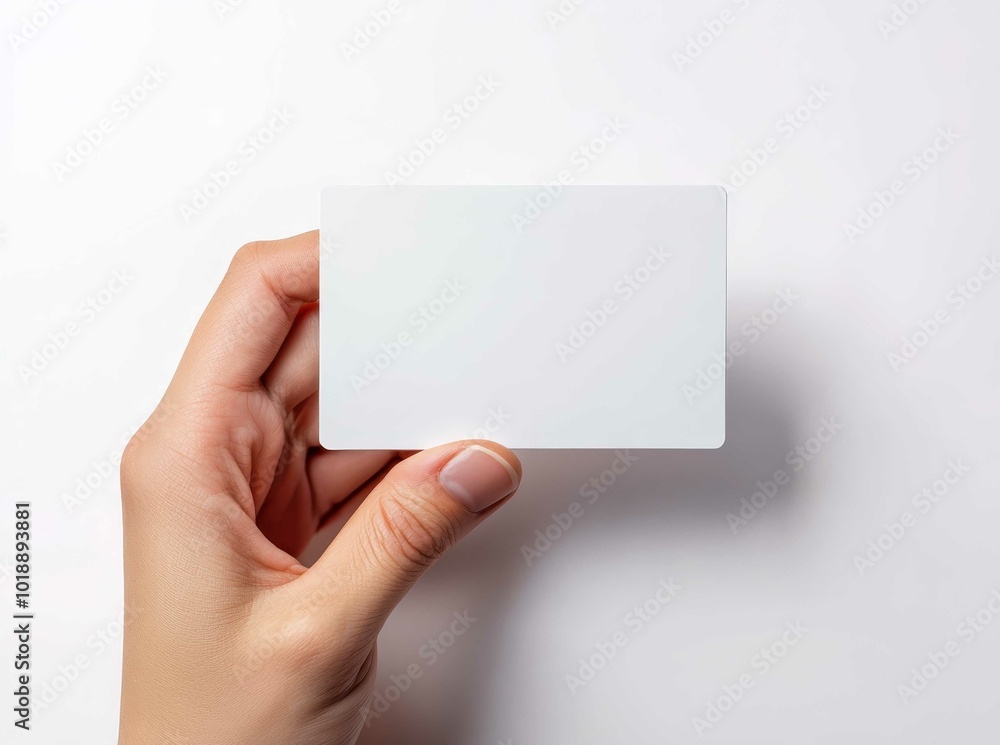 A female hand holding a blank business card white background.. A female hand holding a blank business card white background..