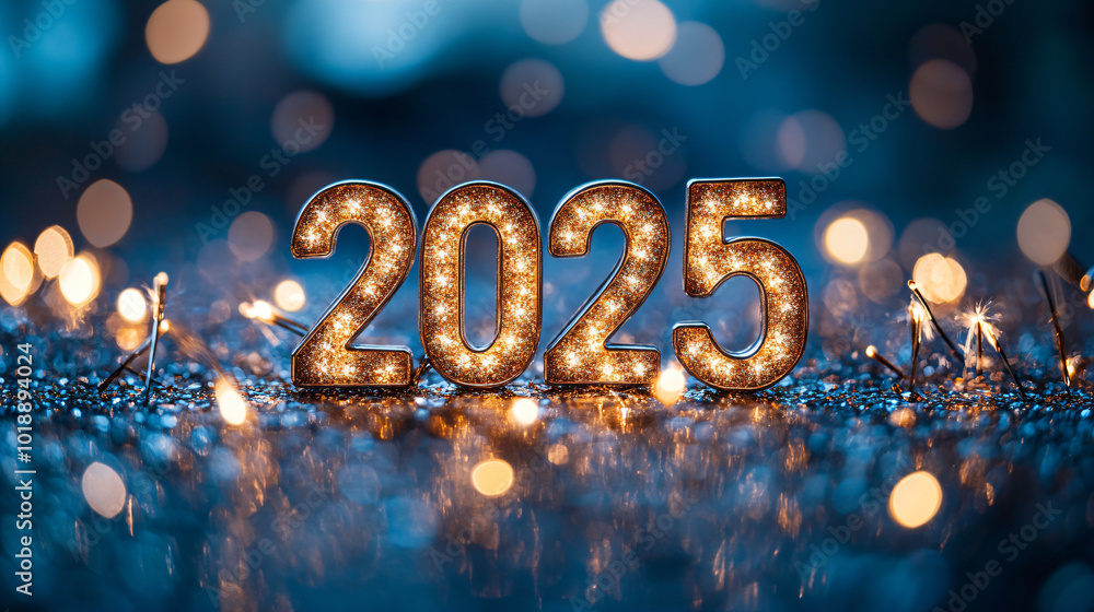 Golden number 2025 and fireworks on blue sparkle and glitter bokeh background. Merry Christmas and Happy New Year celebrating winter holiday background. Golden number 2025 and fireworks on blue sparkle and glitter bokeh background. Merry Christmas and Happy New Year celebrating winter holiday background.