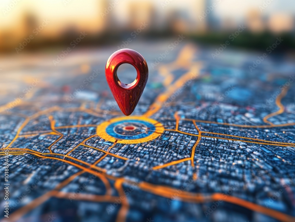 A large red location marker icon floating above a digital map surface, representing navigation and location concepts.