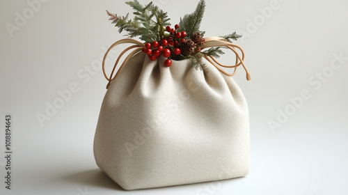 Beige Christmas gift bag with pine and berry accents, minimalist and elegant, against a clean white background
