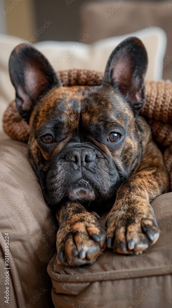 A brown and black brindle French Bulldog relaxing on a cozy brown couch indoors A brown and black brindle French Bulldog relaxing on a cozy brown couch indoors