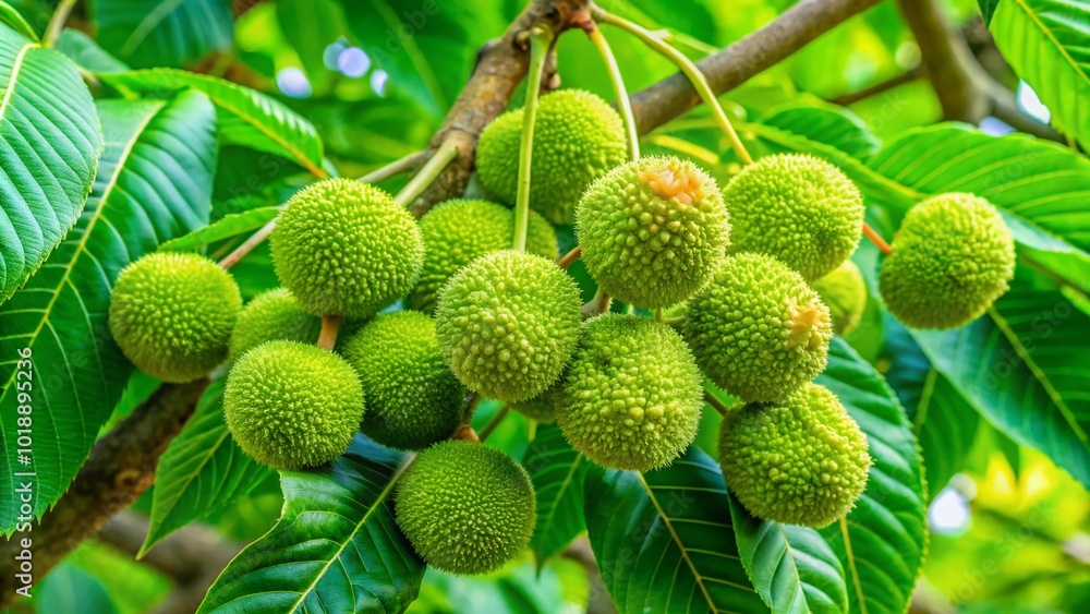 Lush Tree Branch Loaded with Large Green Nuts Surrounded by Vibrant Green Leaves in Natural Setting Lush Tree Branch Loaded with Large Green Nuts Surrounded by Vibrant Green Leaves in Natural Setting