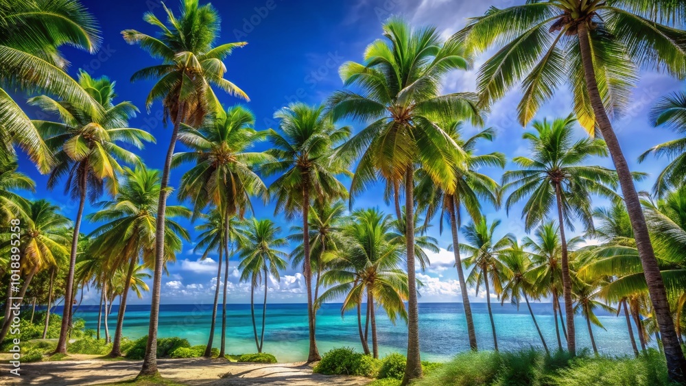 Lush Tropical Palms Against a Clear Blue Sky in a Serene Coastal Landscape for Relaxation and Travel Lush Tropical Palms Against a Clear Blue Sky in a Serene Coastal Landscape for Relaxation and Travel