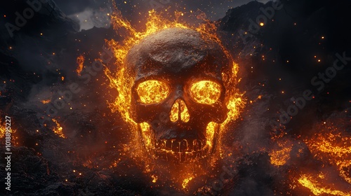 A glowing skull encircled by fiery sparks, symbolizing mystery and danger in a dark volcanic setting