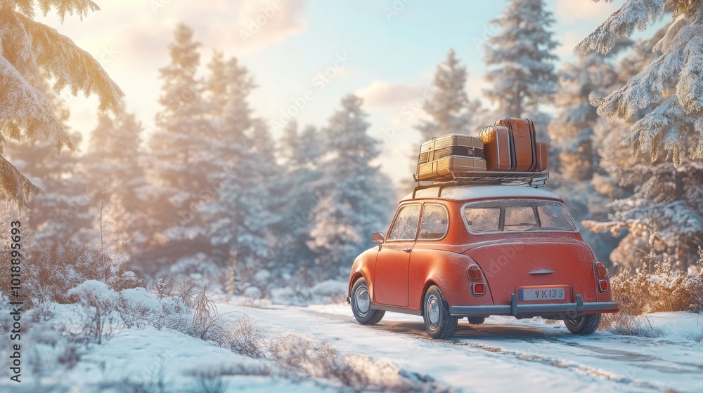 Car loaded with roof luggage, fully prepared for an exciting winter vacation adventure ahead Car loaded with roof luggage, fully prepared for an exciting winter vacation adventure ahead