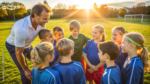 Soccer coach, encouraging, interacting with children, at a sunny sports field