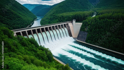 Wallpaper Mural Massive hydropower dam nestled in lush green mountains, releasing powerful streams of water. A symbol of renewable energy and sustainable infrastructure in a natural environment Torontodigital.ca