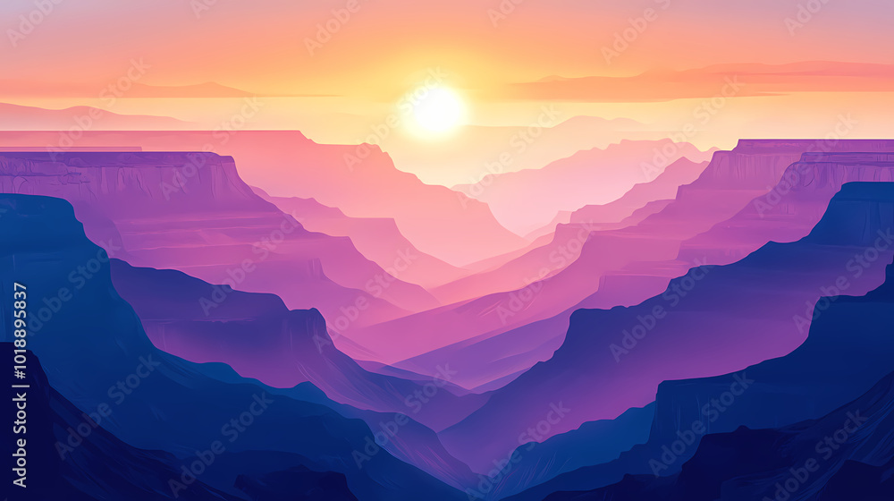 Obraz premium The grand canyon in the early morning. illustration with the mountains landscape. grand canyon. illustration. Canyon at Sunrise. Illustration