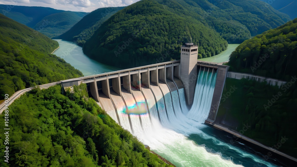 Massive hydropower dam nestled in lush green mountains, releasing powerful streams of water. A symbol of renewable energy and sustainable infrastructure in a natural environment Massive hydropower dam nestled in lush green mountains, releasing powerful streams of water. A symbol of renewable energy and sustainable infrastructure in a natural environment