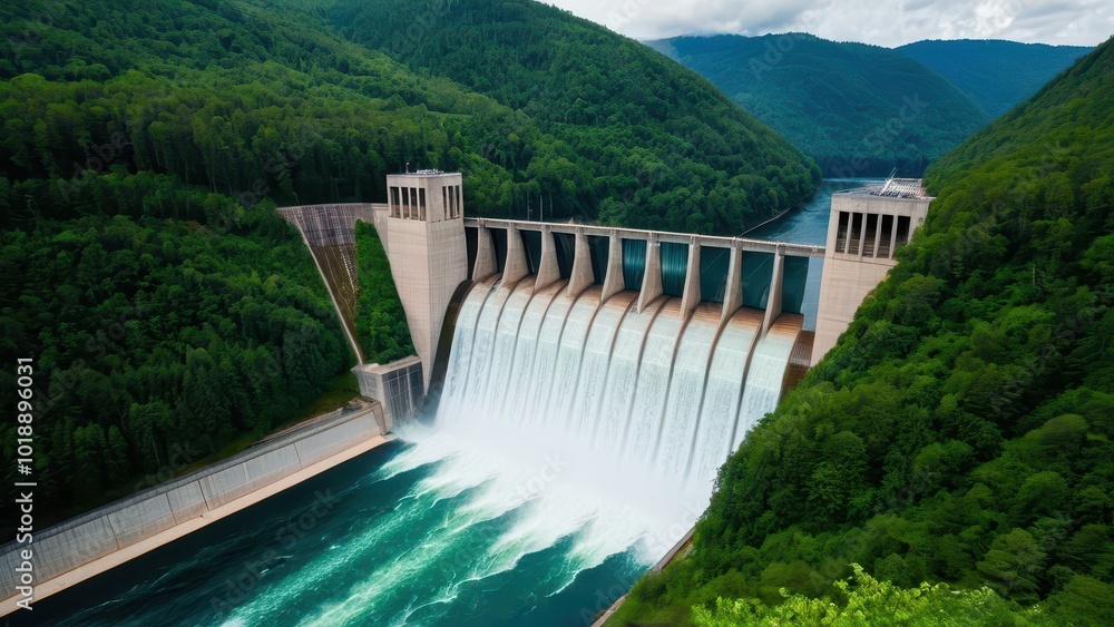 Massive hydropower dam nestled in lush green mountains, releasing powerful streams of water. A symbol of renewable energy and sustainable infrastructure in a natural environment Massive hydropower dam nestled in lush green mountains, releasing powerful streams of water. A symbol of renewable energy and sustainable infrastructure in a natural environment