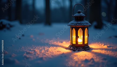 A tranquil winter night illuminated by a candle lantern photo