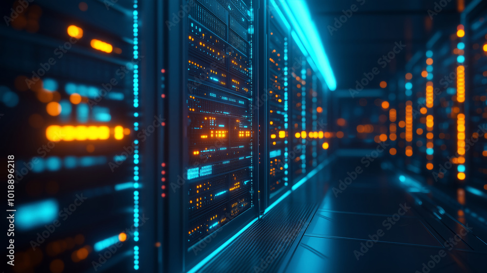 High-tech data center with glowing server racks and advanced digital infrastructure. High-tech data center with glowing server racks and advanced digital infrastructure.