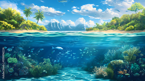 Fototapeta Naklejka Na Ścianę i Meble -  Tropical coastal scene with coral reef clear water fish and seaweed. Coral Reef Lagoon. Illustration