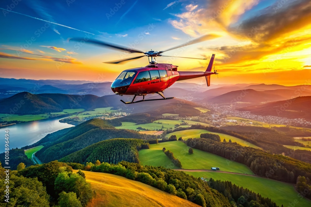 Fototapeta premium Luxurious Helicopter Experience Over Scenic Landscape with Vibrant Colors and Clear Blue Sky Above