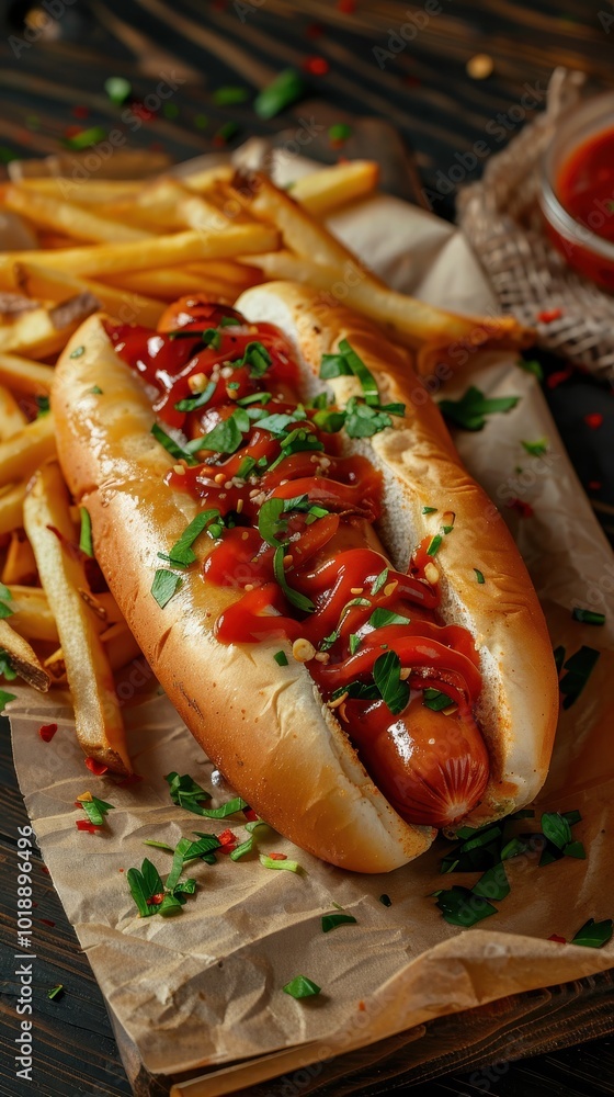 Delicious hot dog with condiments and crispy fries on rustic wooden table ready for enjoyment Delicious hot dog with condiments and crispy fries on rustic wooden table ready for enjoyment
