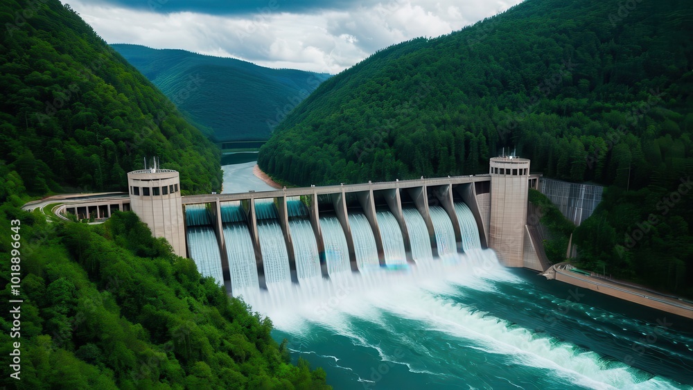 Massive hydropower dam nestled in lush green mountains, releasing powerful streams of water. A symbol of renewable energy and sustainable infrastructure in a natural environment Massive hydropower dam nestled in lush green mountains, releasing powerful streams of water. A symbol of renewable energy and sustainable infrastructure in a natural environment