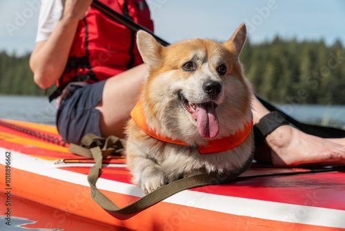 Happy Corgi Relaxing on SUP Board