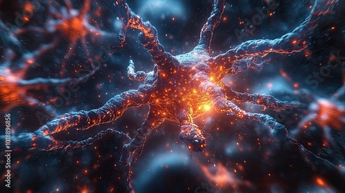 A detailed close-up of a neuron, showcasing intricate connections with glowing particles, emphasizing the complexity of neural networks. photo