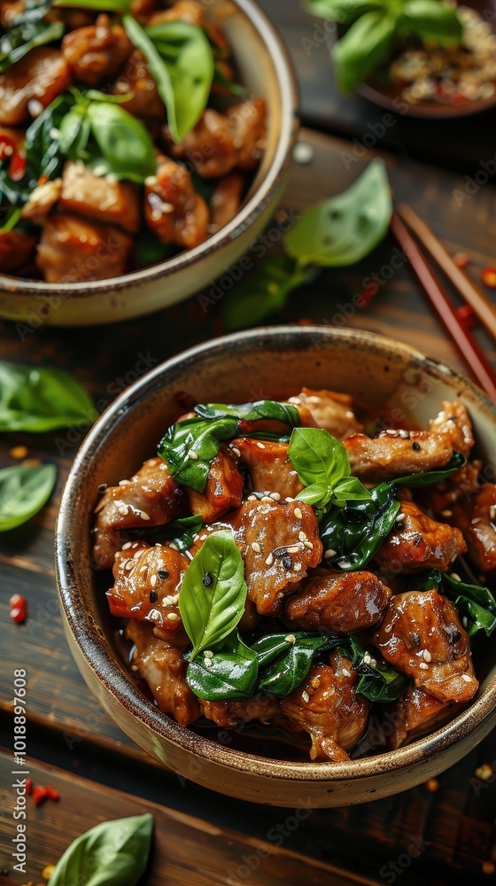 Freshly prepared stir-fried pork with basil served in rustic bowls on a wooden table Freshly prepared stir-fried pork with basil served in rustic bowls on a wooden table