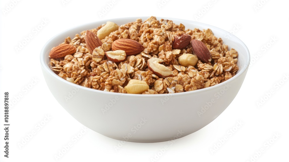A healthy serving of whole-grain cereal, oats, and nuts in a white bowl, isolated on a white background, focusing on a nutritious breakfast option. A healthy serving of whole-grain cereal, oats, and nuts in a white bowl, isolated on a white background, focusing on a nutritious breakfast option.