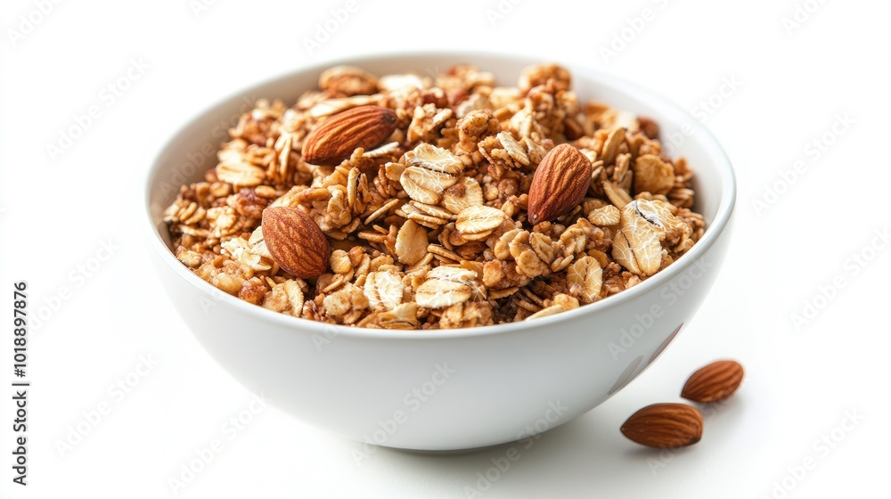 A healthy serving of whole-grain cereal, oats, and nuts in a white bowl, isolated on a white background, focusing on a nutritious breakfast option. A healthy serving of whole-grain cereal, oats, and nuts in a white bowl, isolated on a white background, focusing on a nutritious breakfast option.