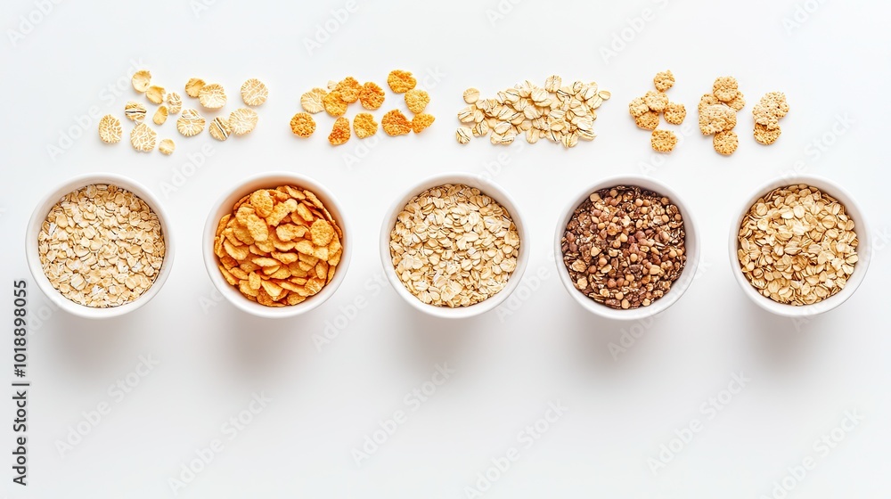 A neat arrangement of different cereals--oats, cornflakes, and granola--lined up in small bowls on a white background. A neat arrangement of different cereals--oats, cornflakes, and granola--lined up in small bowls on a white background.