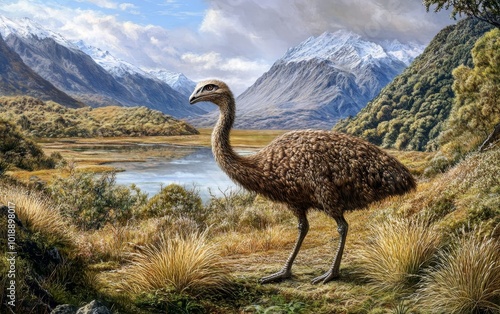 A massive, impressive giant moa stands atop a rocky outcrop, its keen gaze sweeping over the breathtaking, snow-capped peaks and lush, verdant valleys below photo