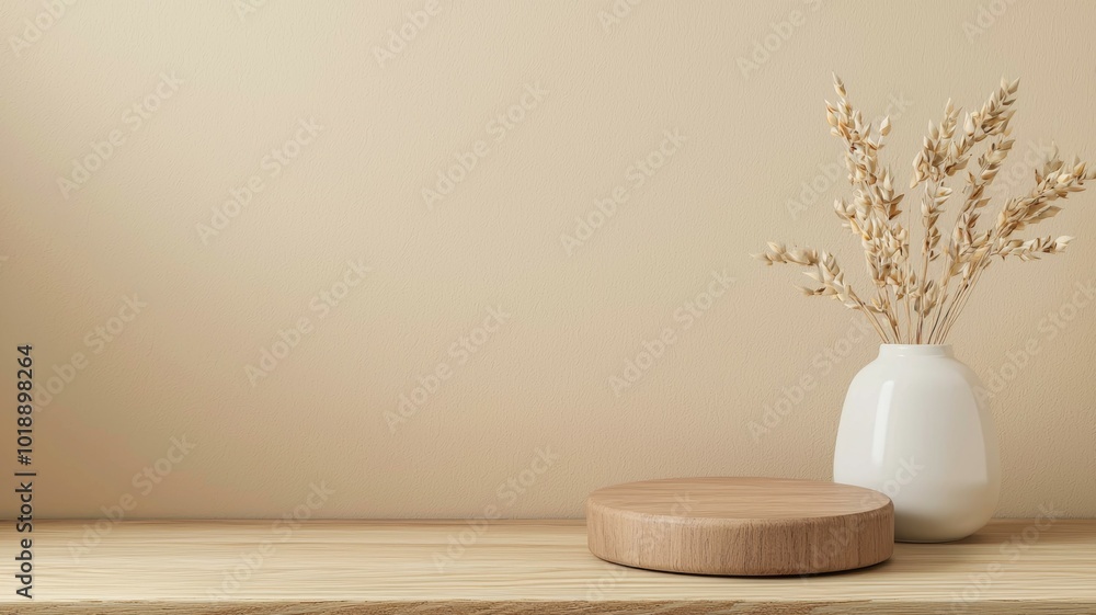 A minimalistic interior display featuring a wooden plate and a white vase with dried flowers on a wooden shelf against a beige wall, creating a calming ambiance in a modern space A minimalistic interior display featuring a wooden plate and a white vase with dried flowers on a wooden shelf against a beige wall, creating a calming ambiance in a modern space